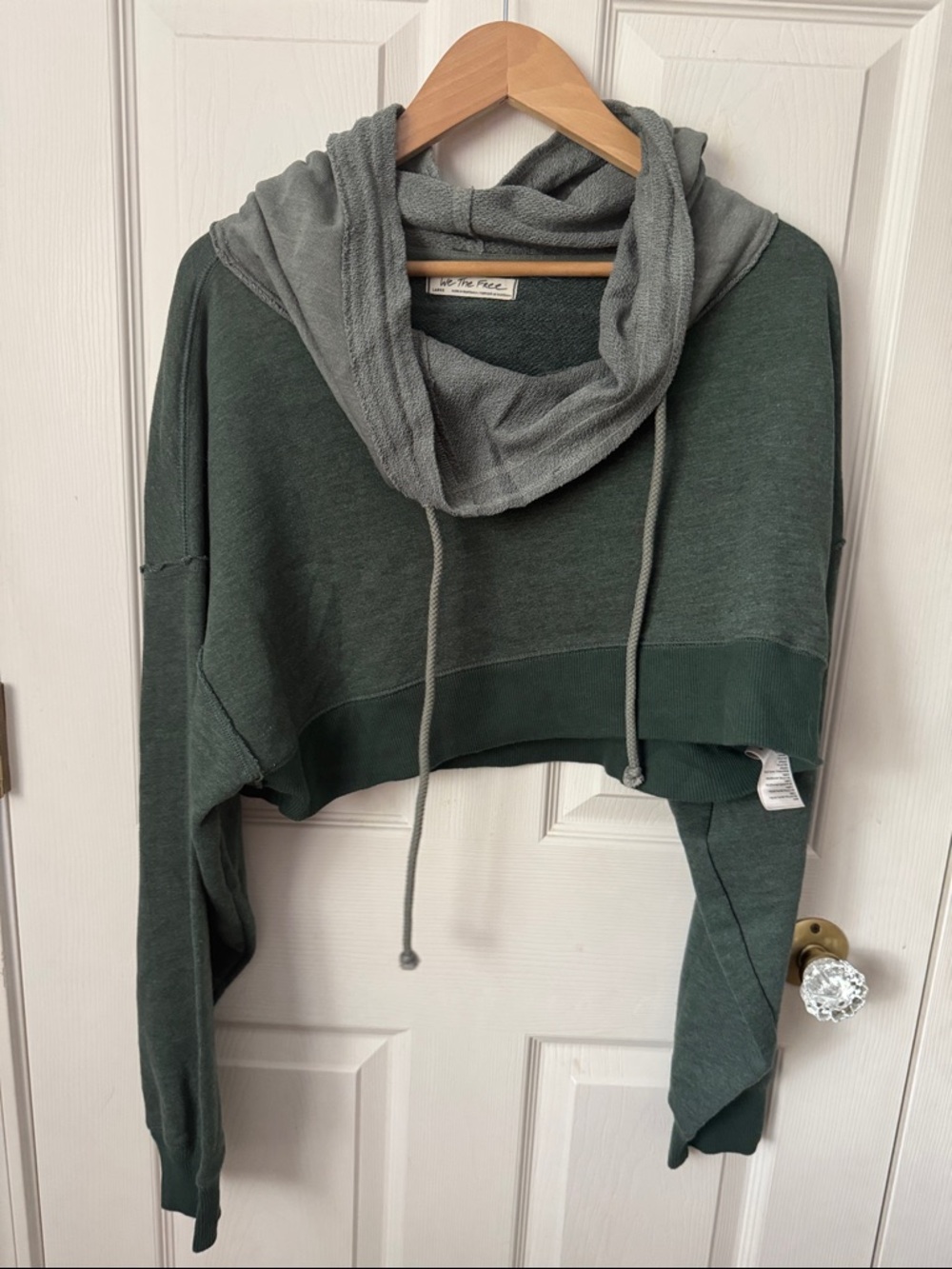 Free People We the Free Two-Tone Olive & Gray Cropped Cowl Hooded Sweatshirt